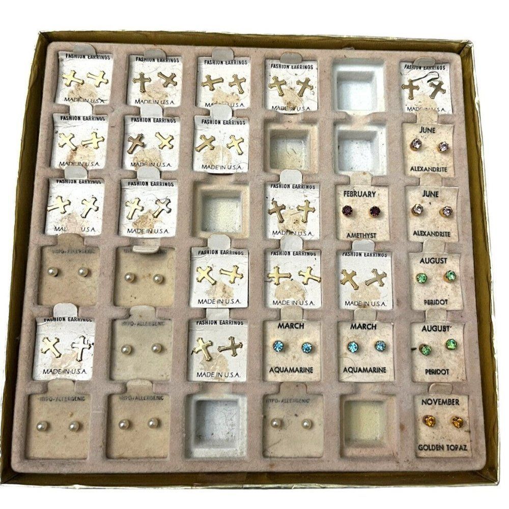 Big Lot Little Girls Pierced Earrings Birthstone Crosses Pearls USA Vtg